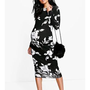 Maternity Mono Print Long Sleeve Midi Dress